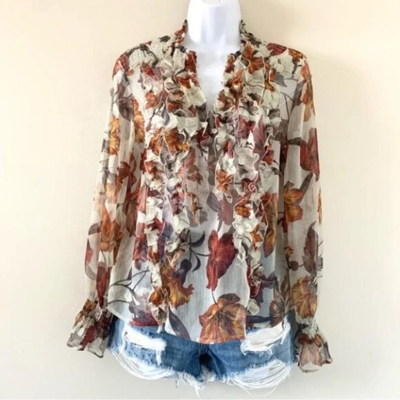 Zara Women’s Blouse Fall Leaf Ruffle Long Sleeve Peasant Flutter Sleeve Sheer M - Picture 10 of 16